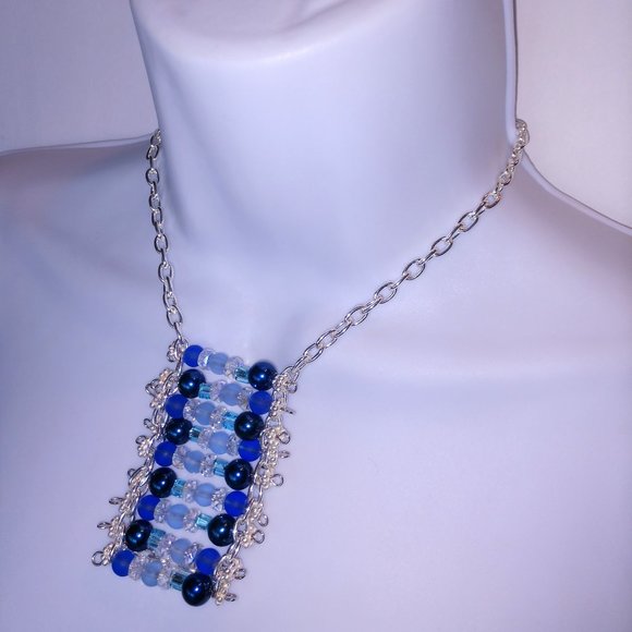 Handmade Blue Beaded Statement Necklace With Silver Tone Chains - Picture 7 of 16